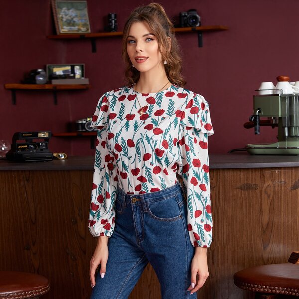 

Allover Floral Print Ruffle Trim Blouse, Multicolor