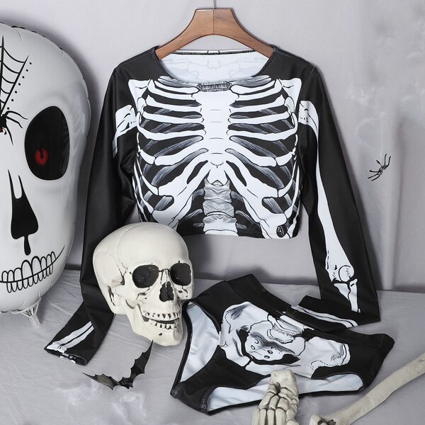 

Halloween Skeleton Print Bikini Swimsuit, Black and white