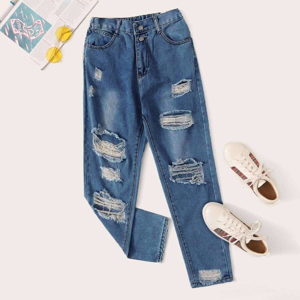 

Ripped Distressed Mom Jeans, Medium wash