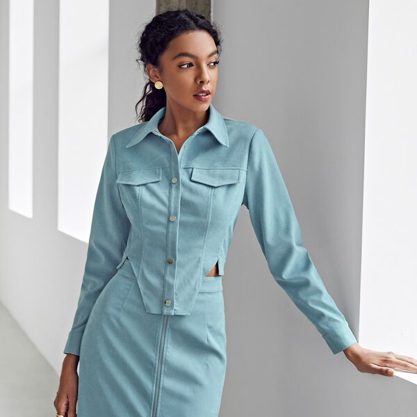 

Button Front Asymmetrical Hem Jacket, Blue