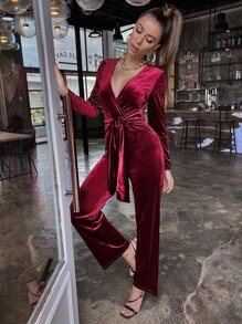 Solid Surplice Front Belted Velvet Jumpsuit - Burgundy - View 3
