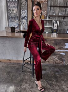 Solid Surplice Front Belted Velvet Jumpsuit - Burgundy - View 4