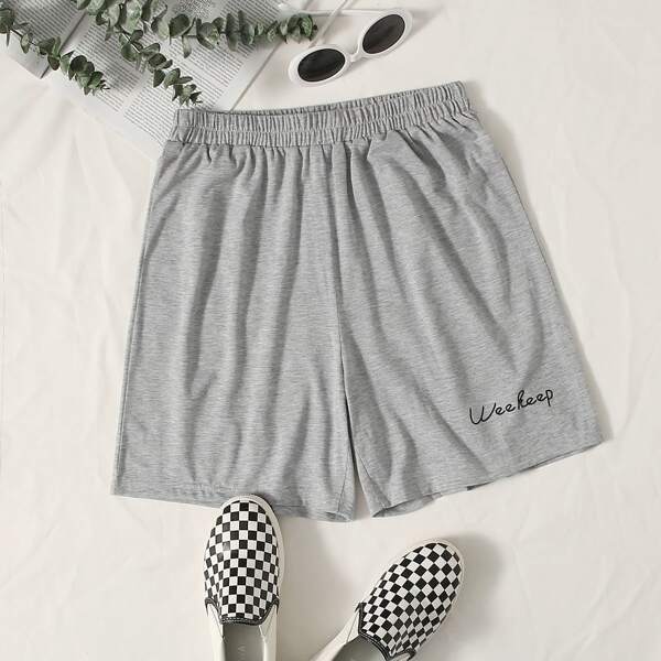 

Letter Graphic Elastic Waist Shorts, Light grey