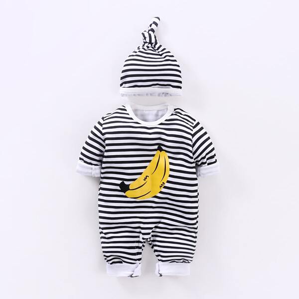 

Baby Boy Striped And Banana Print Jumpsuit With Hat, White