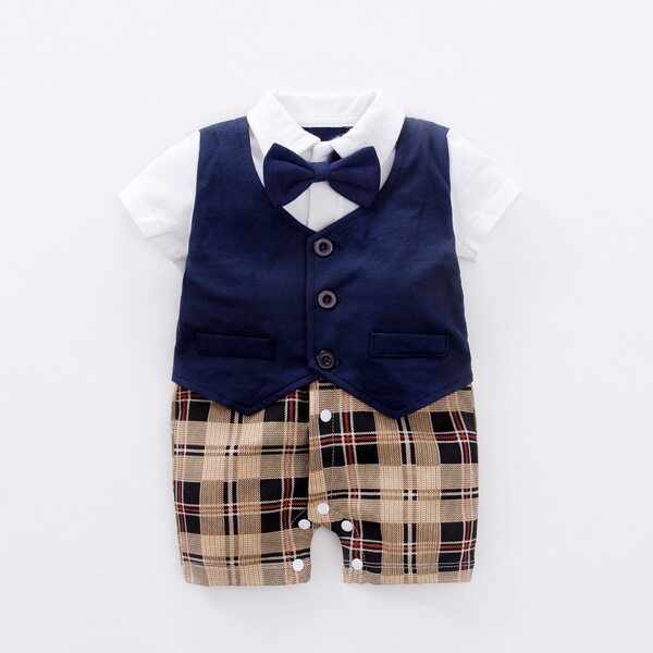 

Baby Boy Tartan Print Bow Neck Romper, Multicolor