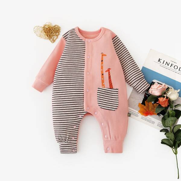 

Baby Girl Striped And Cartoon Print Jumpsuit, Pink