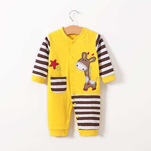 

Baby Boy Cartoon And Striped Print Jumpsuit, Yellow