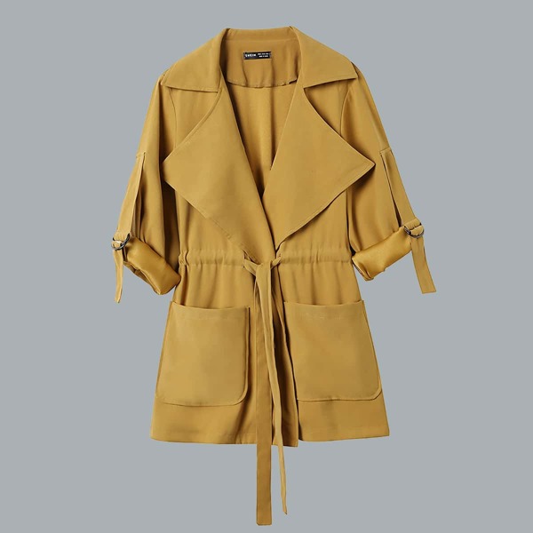 

Solid Waterfall Collar Drawstring Coat, Mustard yellow