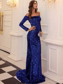 Missord Off Shoulder Mermaid Hem Sequin Prom Dress - Royal Blue - View 3
