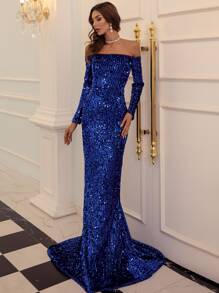 Missord Off Shoulder Mermaid Hem Sequin Prom Dress - Royal Blue - View 5