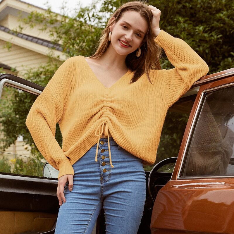 

Drop Shoulder Drawstring Ruched Sweater, Mustard yellow