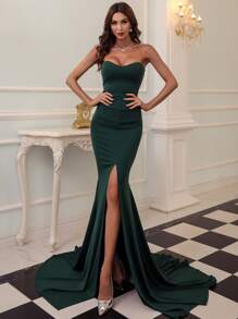 Missord Zip Back Split Thigh Tube Prom Dress - Dark Green - View 1
