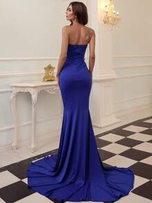 Missord Zip Back Split Thigh Tube Prom Dress - Navy Blue - View 2