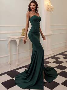 Missord Zip Back Split Thigh Tube Prom Dress - Dark Green - View 6