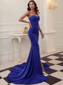 Missord Zip Back Split Thigh Tube Prom Dress - Navy Blue - View 6