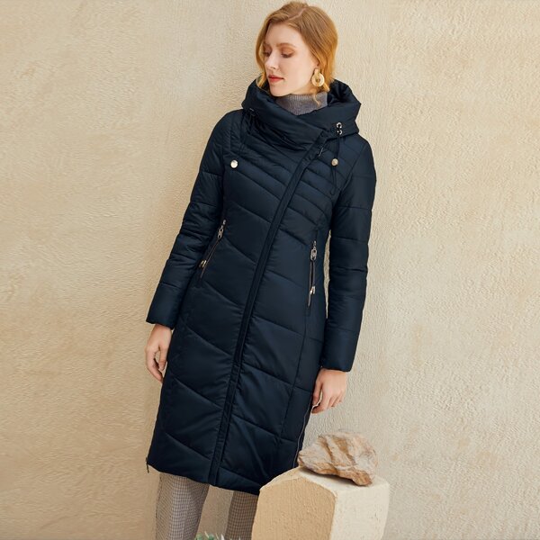 

Zip Up Drawstring Hooded Puffer Coat, Navy blue