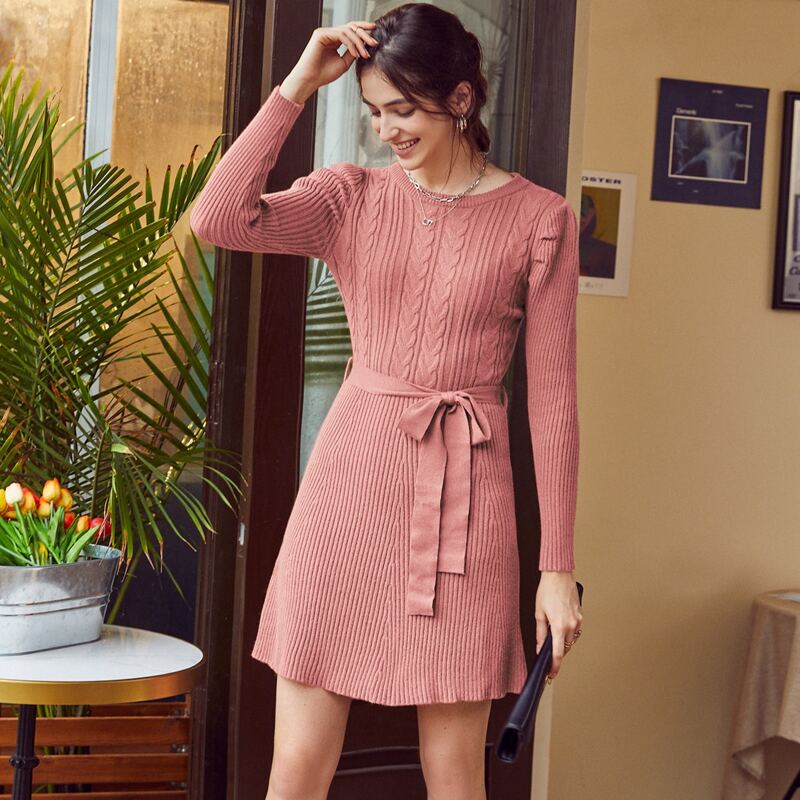 

Solid Belted Cable Knit Sweater Dress, Dusty pink