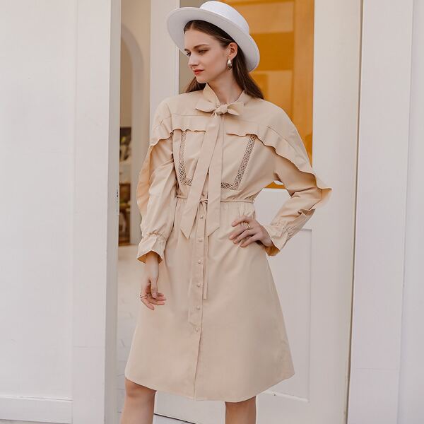

Tie Neck Belted Guipure Lace Insert Dress, Apricot