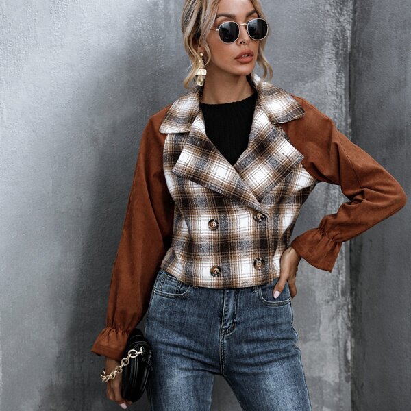 

Double Breasted Raglan Sleeve Plaid Jacket, Multicolor