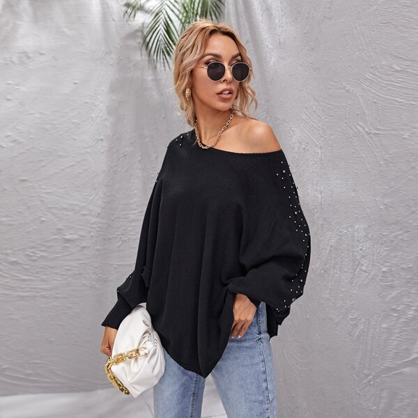 

Batwing Sleeve Beaded Detail Sweater, Black