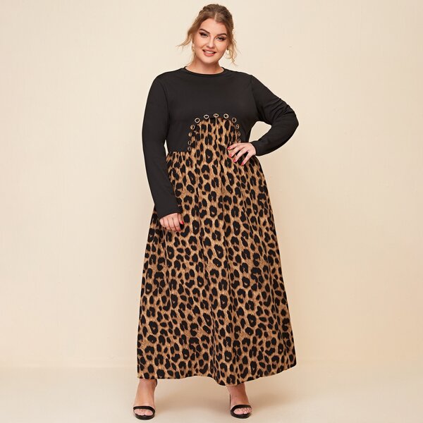 

Plus Leopard Garment Eyelets Detail Dress, Multicolor