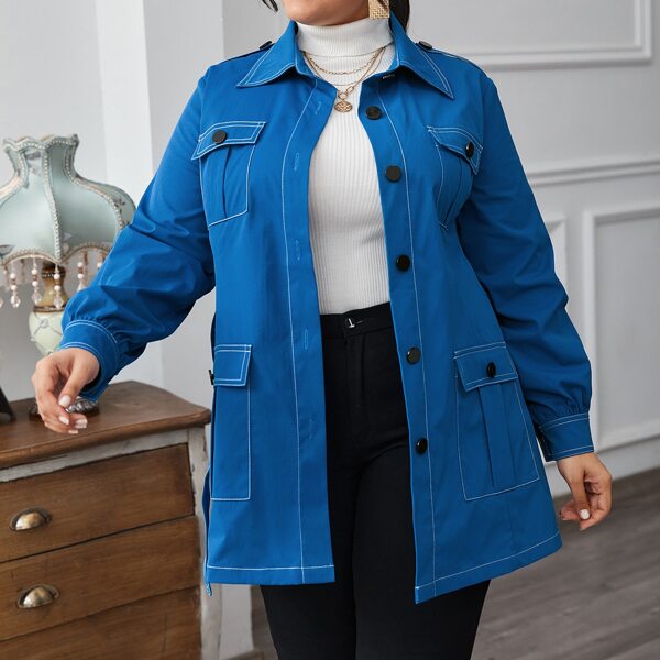 

Plus Button Front Belted Coat, Blue