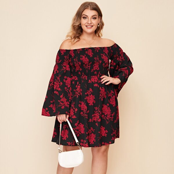 

Plus Off Shoulder Bell Sleeve Shirred Bodice Floral Dress, Multicolor