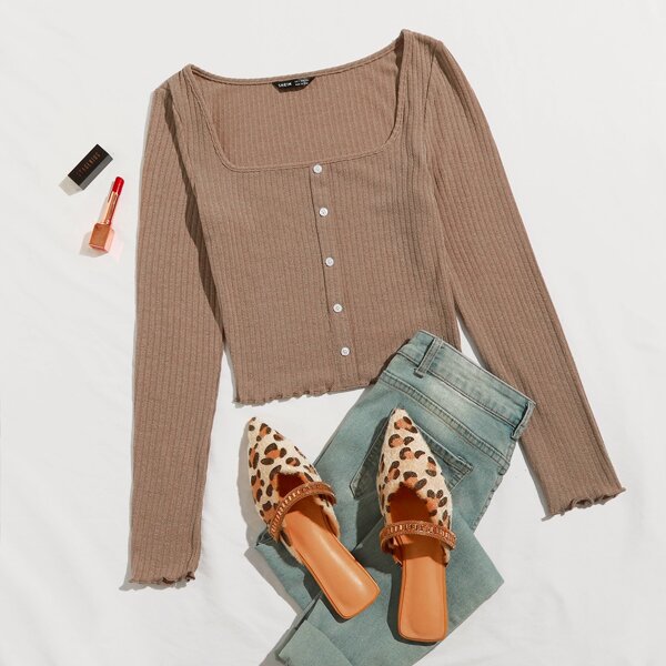 

Button Front Lettuce Trim Rib-knit Tee, Mocha brown