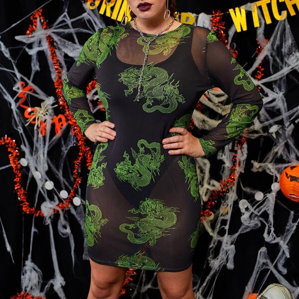 

Plus Chinese Dragon Print Sheer Mesh Dress Without Bodysuit, Multicolor