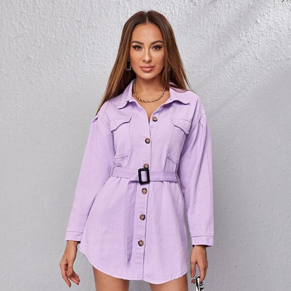 

Button Through Belted Denim Shirt Dress, Lilac purple