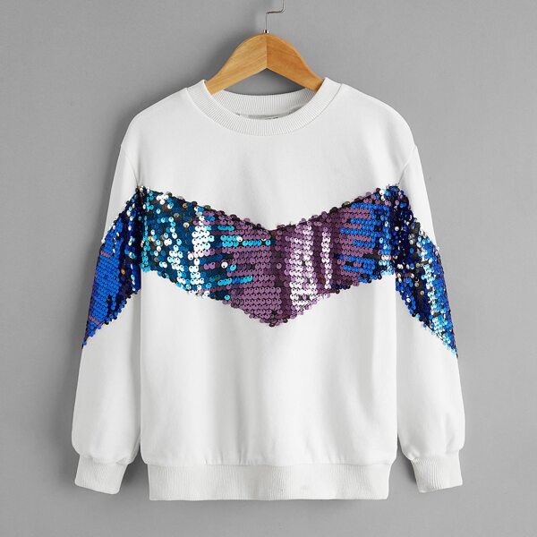

Girls Drop Shoulder Contrast Sequin Pullover, White