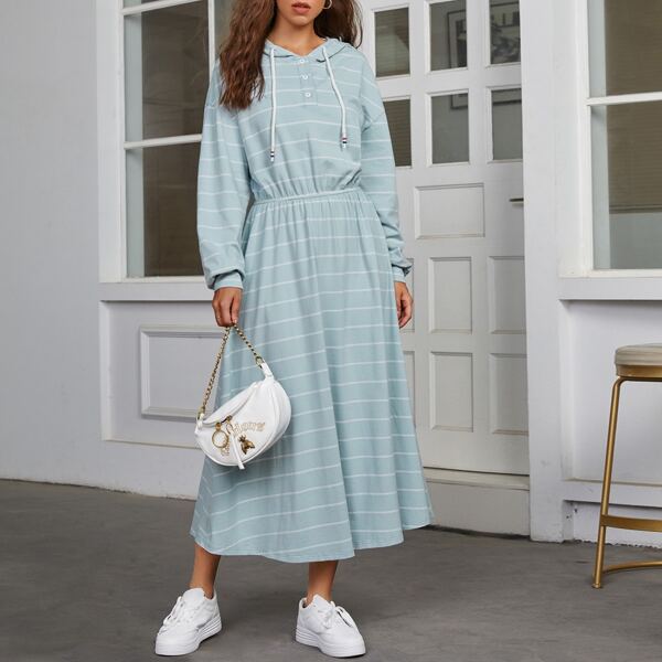 

Striped Drop Shoulder Drawstring Hooded Dress, Pastel baby blue