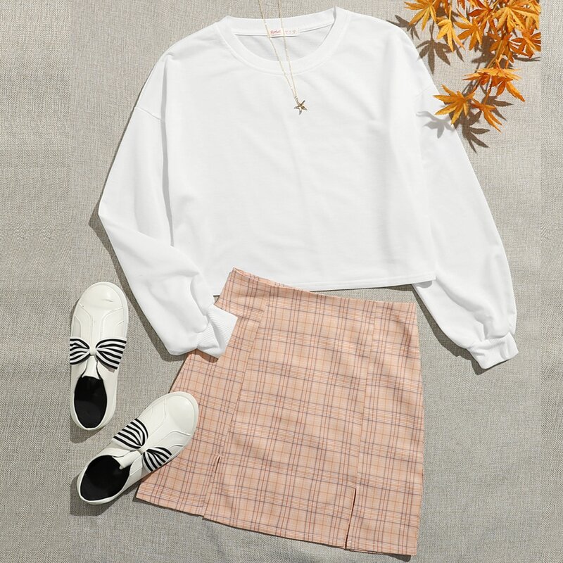 

Solid Sweatshirt & Split Plaid Skirt, Multicolor