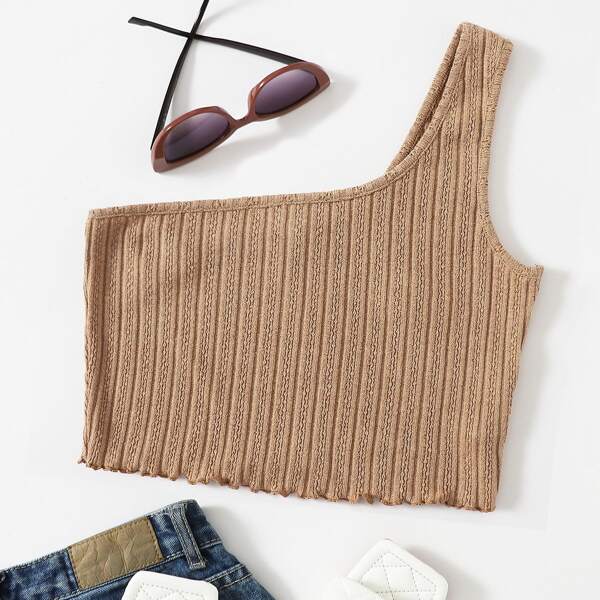 

Plus One Shoulder Lettuce Trim Top, Khaki