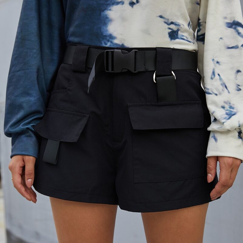 

Solid Buckle Cargo Shorts, Black