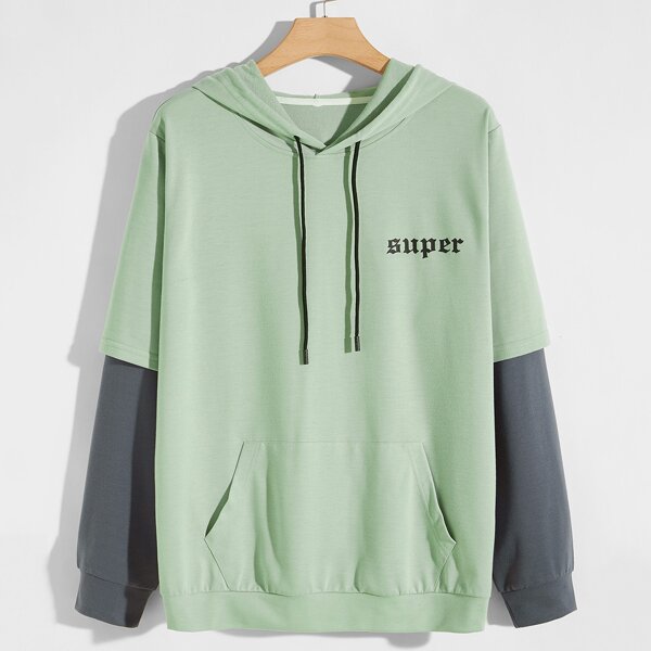 

Men Contrast Sleeve Letter Graphic Hoodie, Mint green