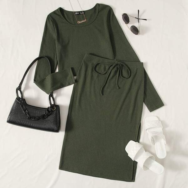 

Rib-Knit Tee With Knot Skirt, Army green