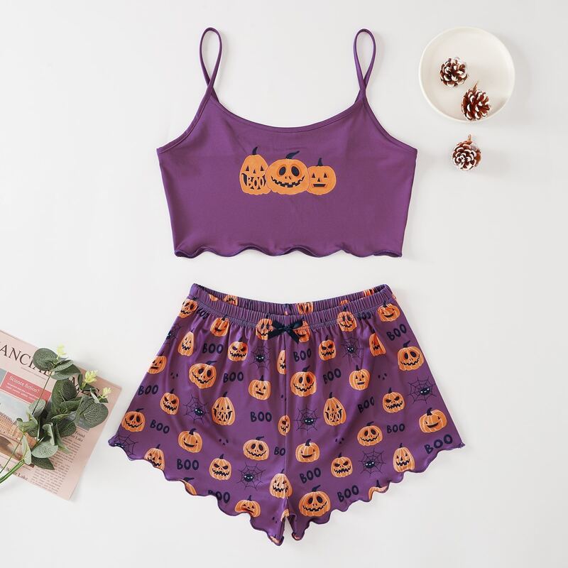 

Halloween And Letter Print Lettuce Trim Pajama Set, Multicolor
