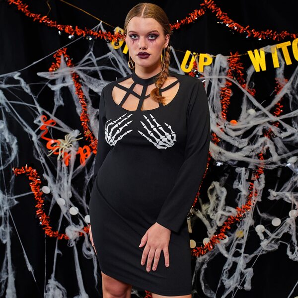 

Plus Skeleton Print Cut Out Neck Dress, Black