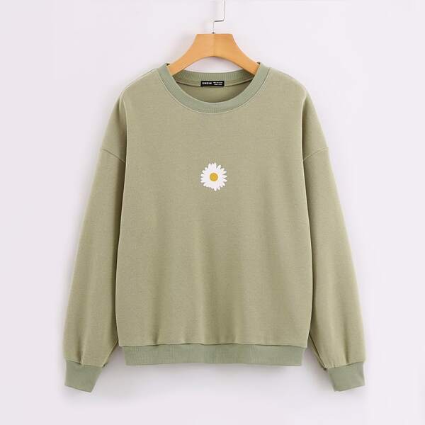 

Daisy Floral Print Drop Shoulder Sweatshirt, Army green pastel