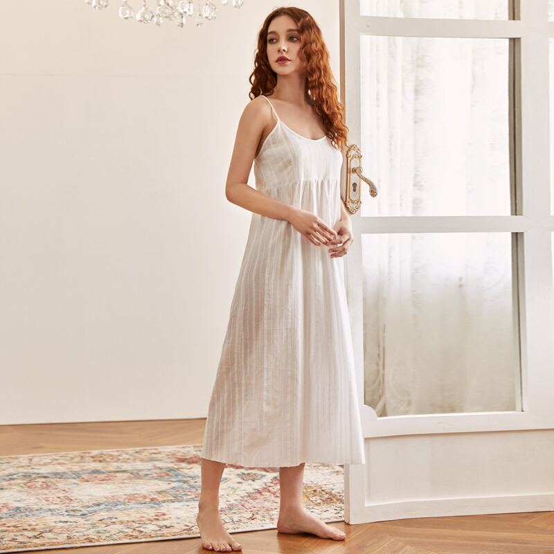 

Solid Embroidery Slip Night Dress, Beige