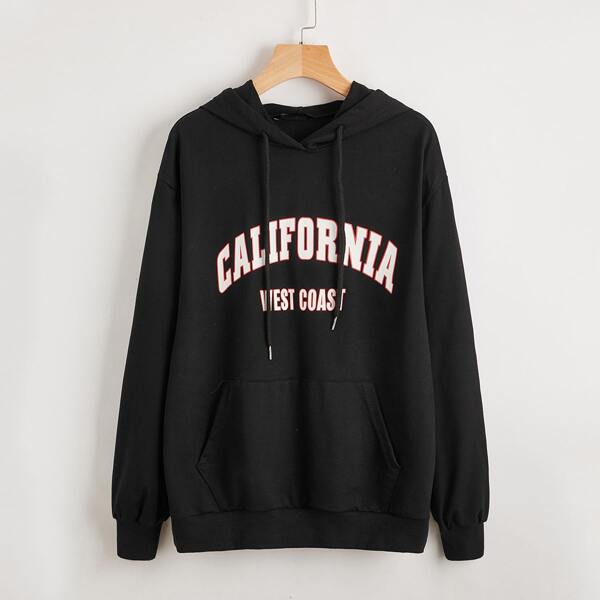 

Letter Graphic Kangaroo Pocket Drawstring Hoodie, Black