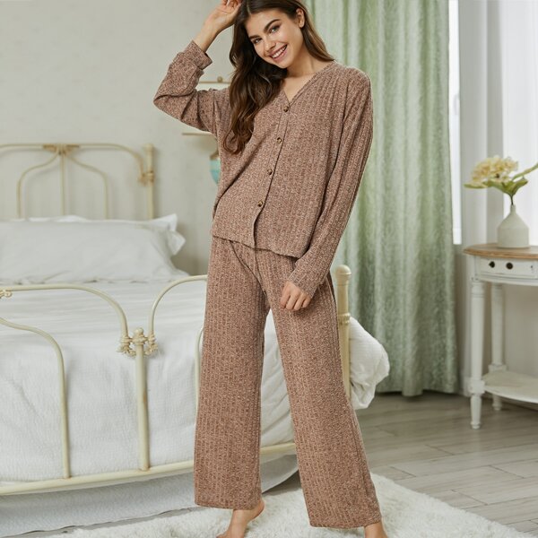 

Drop Shoulder Button Front Lounge Set, Mocha brown