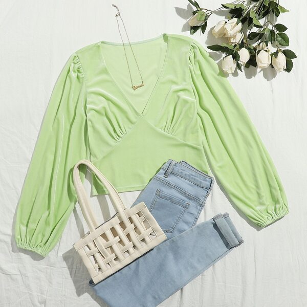 

Velvet Plunging Neck Ruched Bust Solid Tee, Lime green