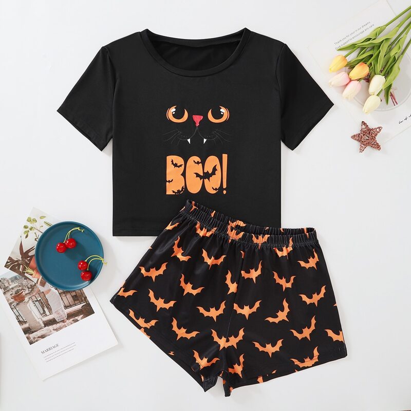 

Halloween And Letter Print Pajama Set, Black