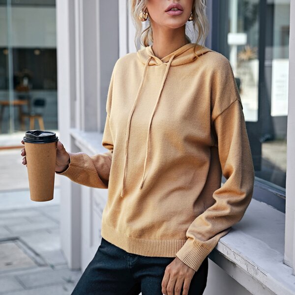 

Drop Shoulder Drawstring Hooded Sweater, Apricot
