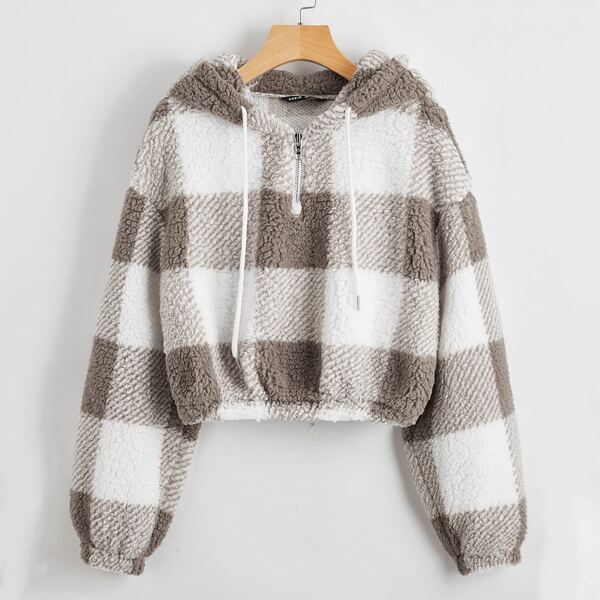 

Zip Half Placket Drop Shoulder Drawstring Teddy Hoodie, Multicolor