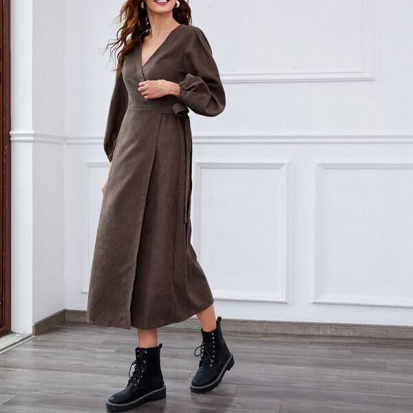 

Lantern Sleeve Surplice Wrap Knot Side Dress, Chocolate brown