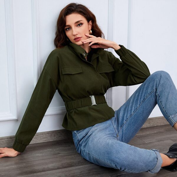 

Drop Shoulder Flap Detail Belted Jacket, Army green
