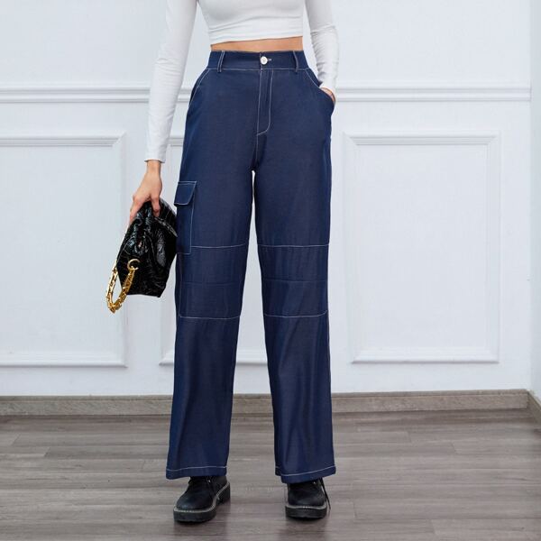 

Flap Pocket Wide Leg Pants, Navy blue